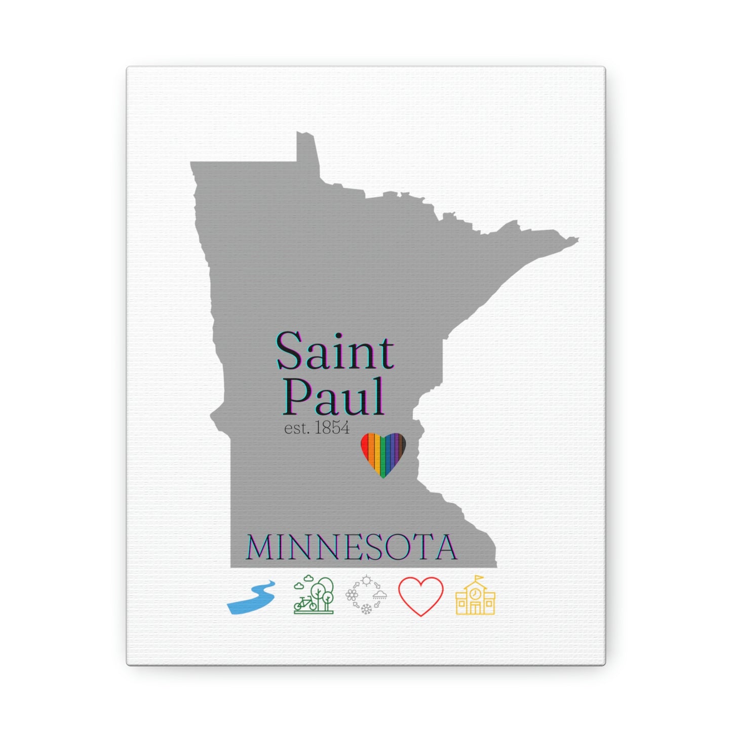 Saint Paul Minnesota Hometown Home featuring rainbow heart, canvas wall art with white background