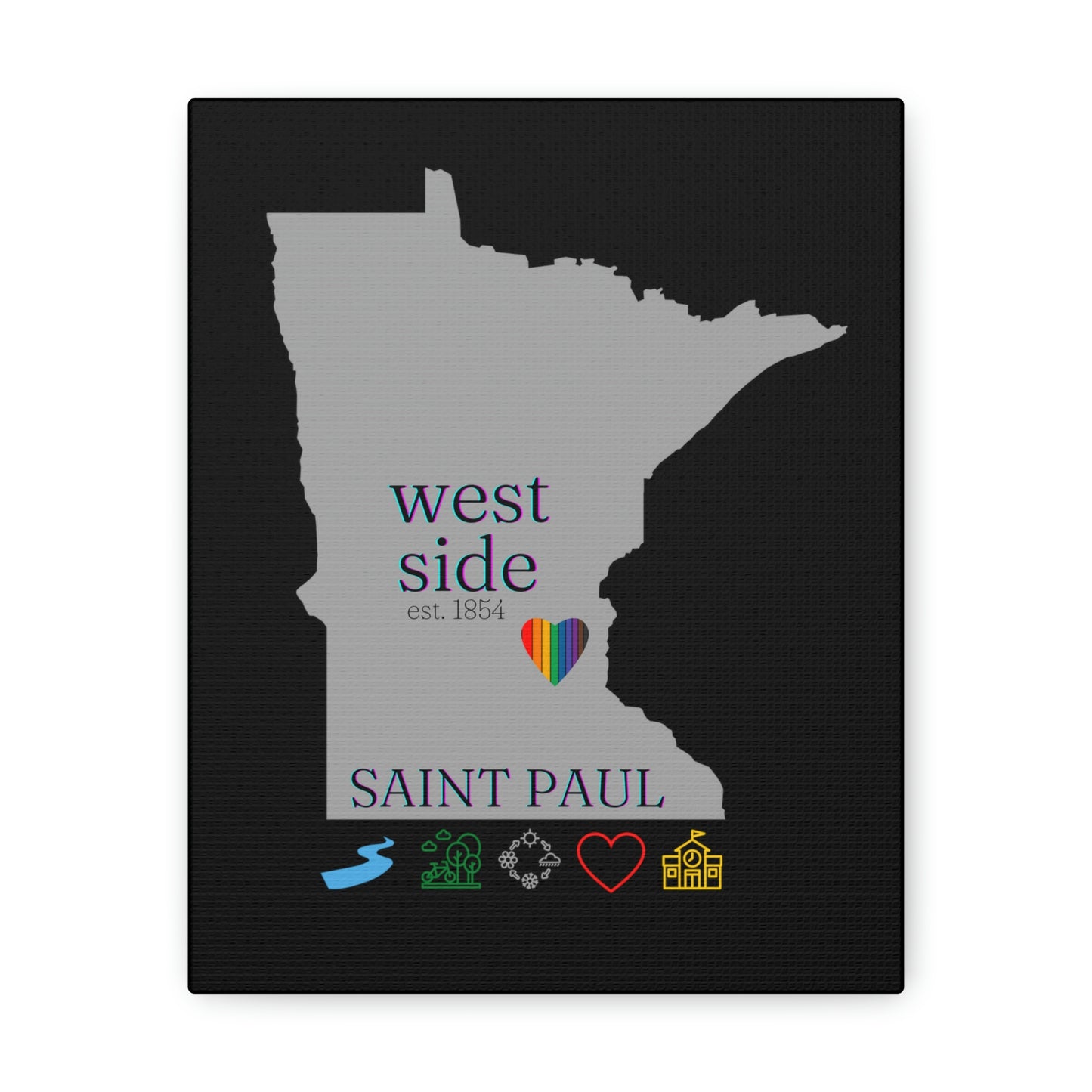 West side Saint Paul Minnesota Hometown Home featuring rainbow heart, canvas wall art black background