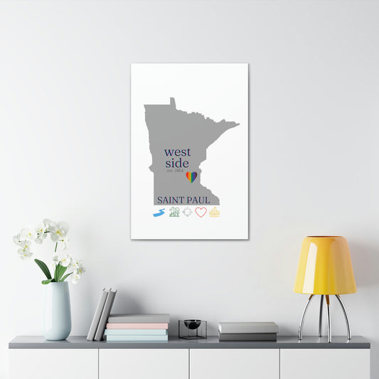 West side, Saint Paul, Minnesota Hometown Home featuring rainbow heart, canvas wall art black background WHITE