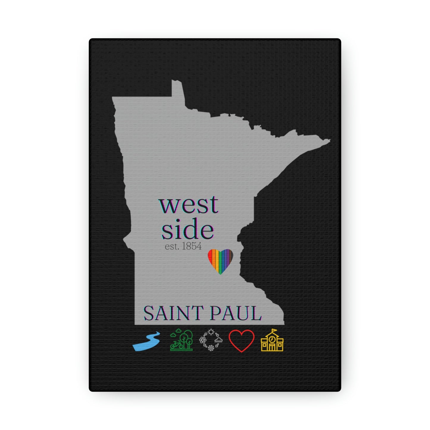 West side Saint Paul Minnesota Hometown Home featuring rainbow heart, canvas wall art black background