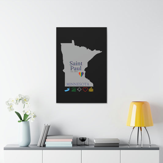 Saint Paul Minnesota Hometown Home featuring rainbow heart, canvas wall art with black background