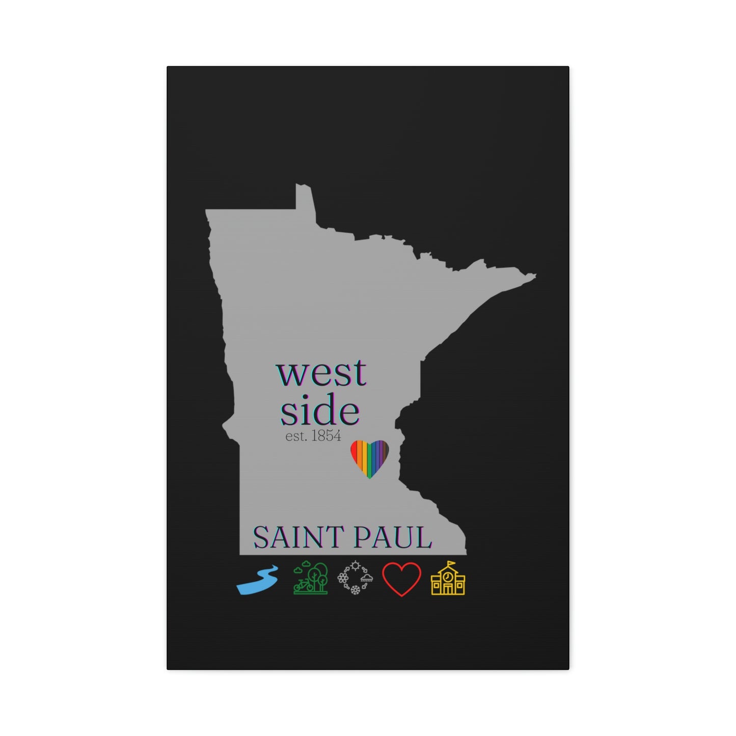 West side Saint Paul Minnesota Hometown Home featuring rainbow heart, canvas wall art black background