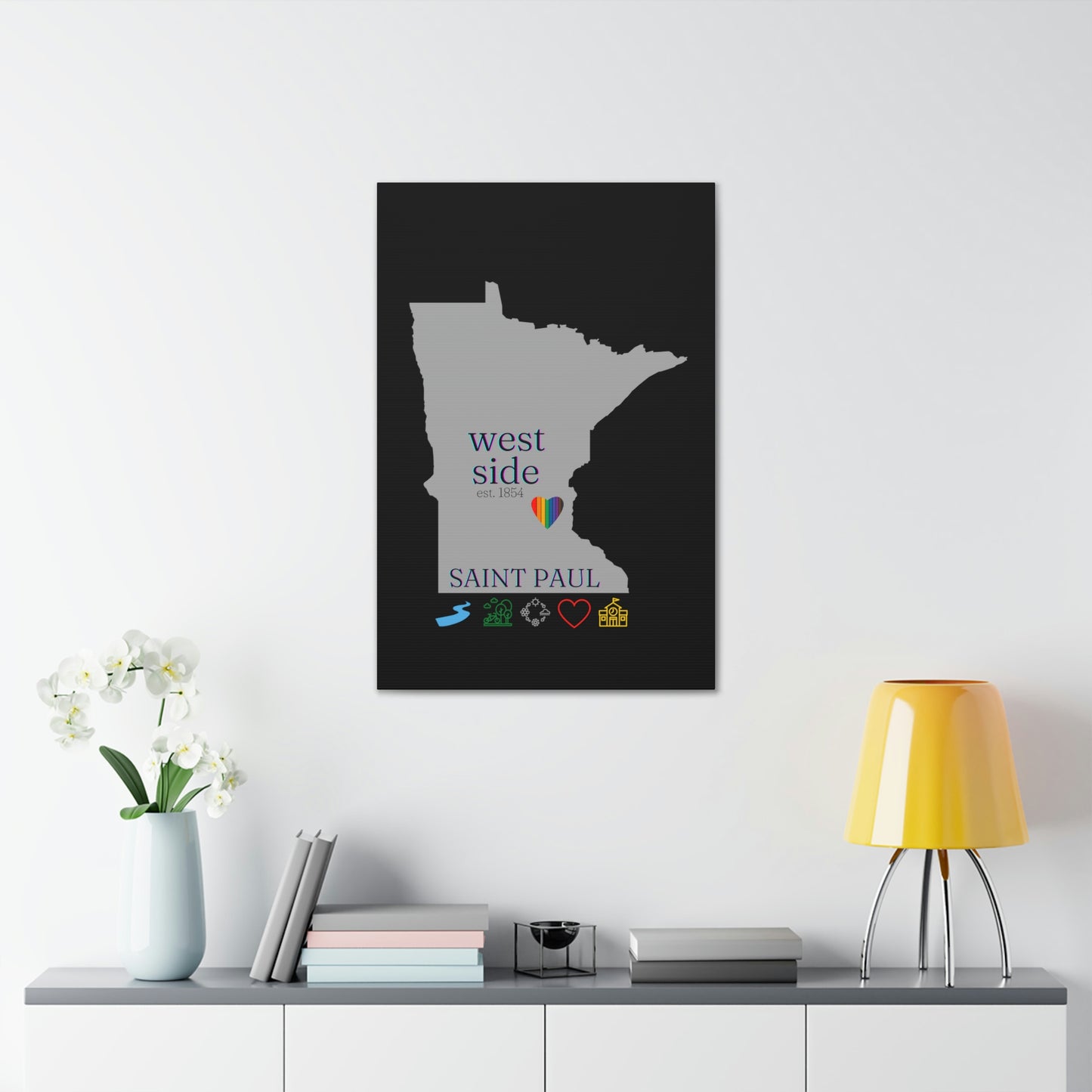 West side Saint Paul Minnesota Hometown Home featuring rainbow heart, canvas wall art black background