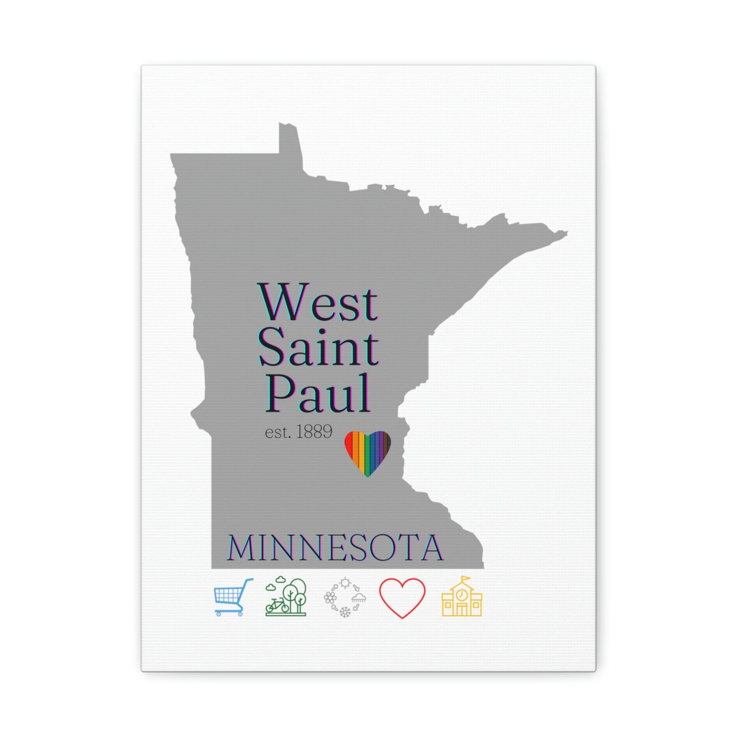 West Saint Paul MInnesota featuring rainbow heart canvas wall art white