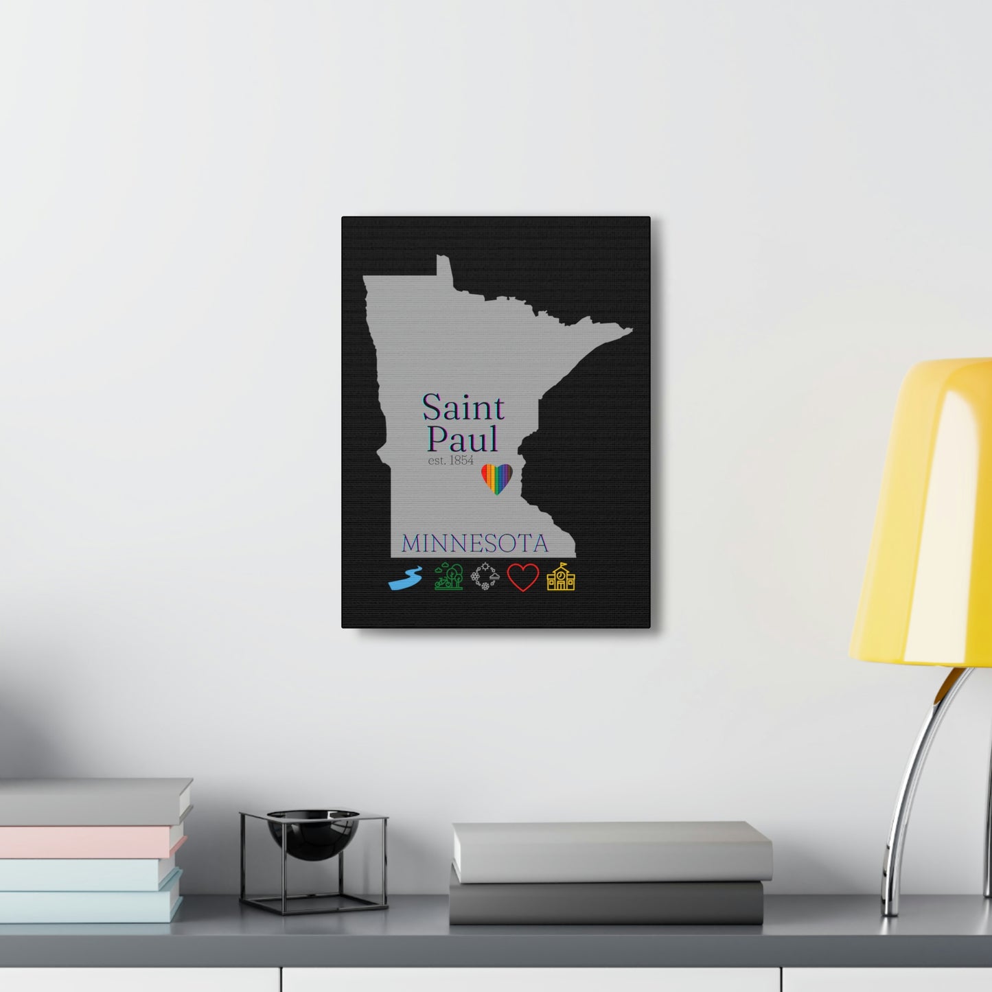 Saint Paul Minnesota Hometown Home featuring rainbow heart, canvas wall art with black background