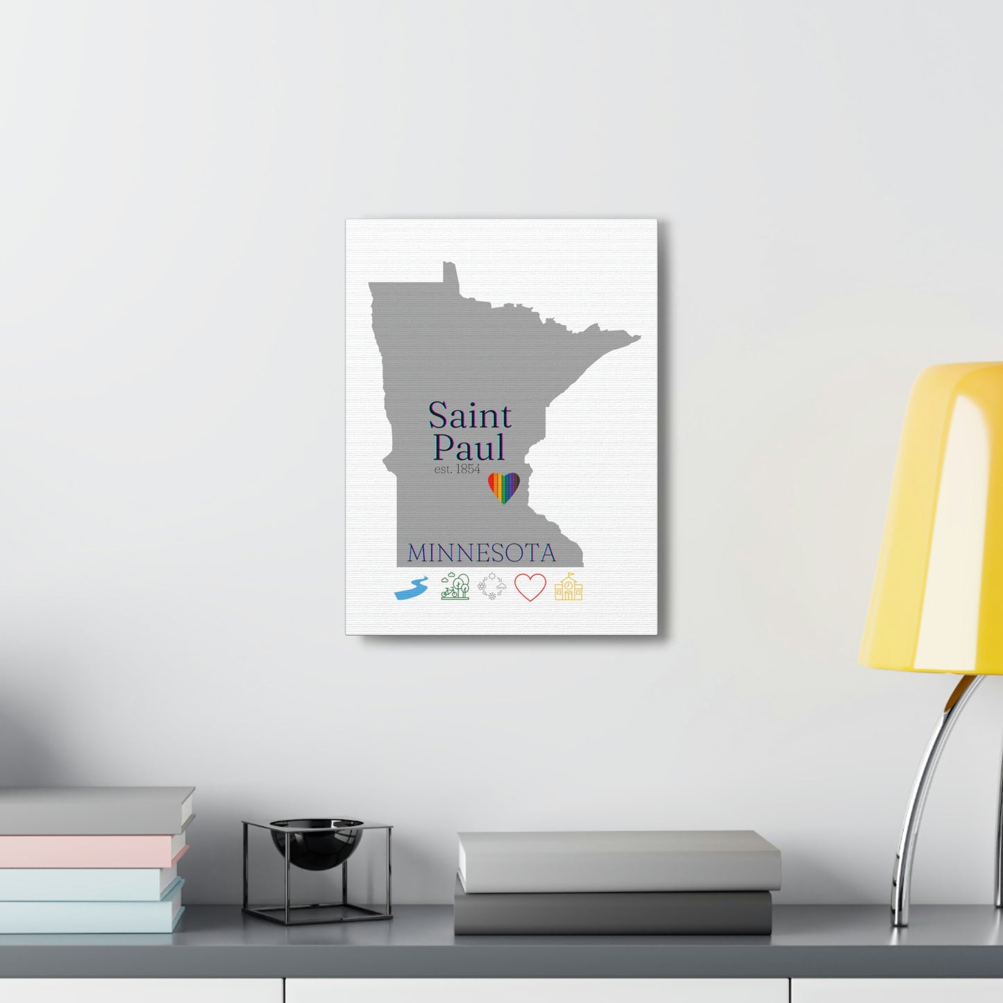 Saint Paul Minnesota Hometown Home featuring rainbow heart, canvas wall art with white background