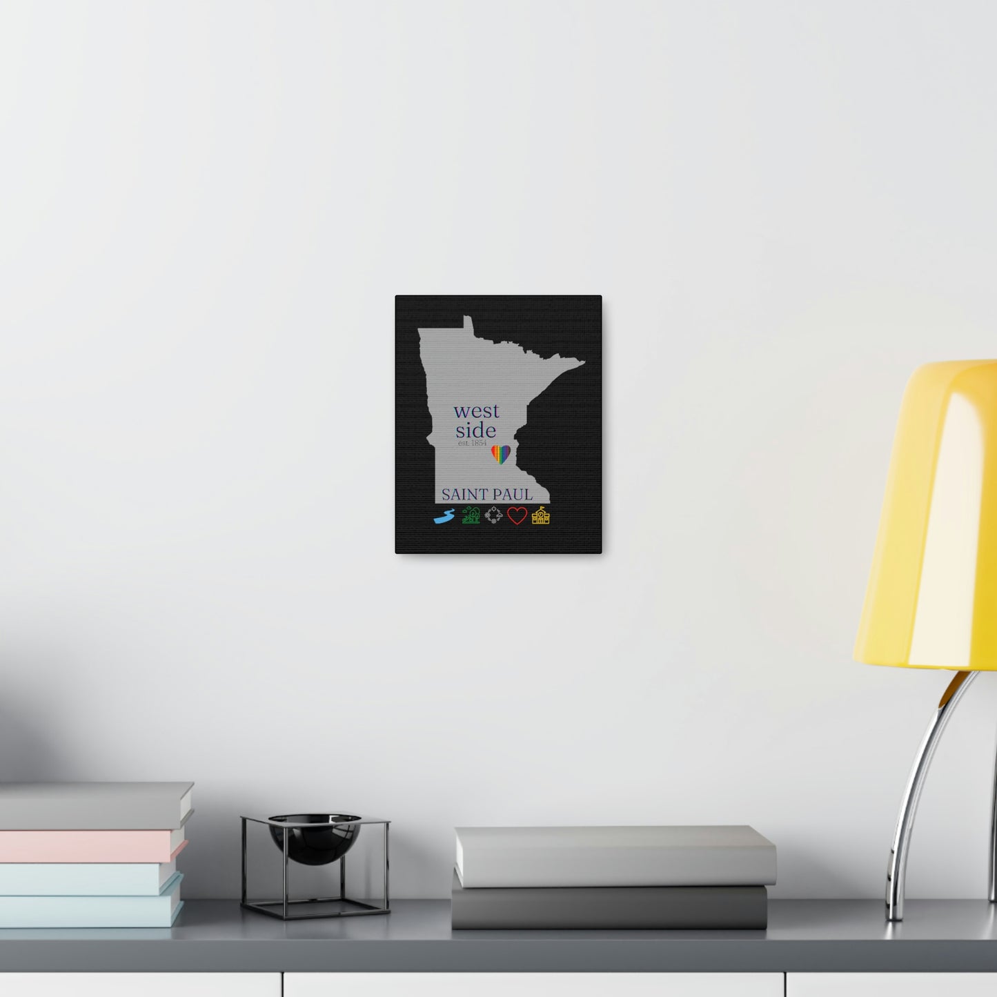 West side Saint Paul Minnesota Hometown Home featuring rainbow heart, canvas wall art black background