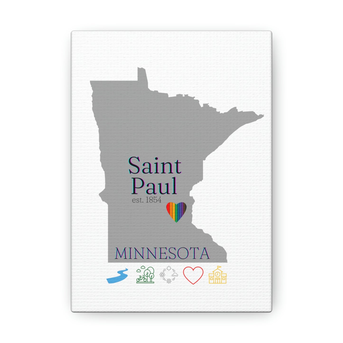 Saint Paul Minnesota Hometown Home featuring rainbow heart, canvas wall art with white background