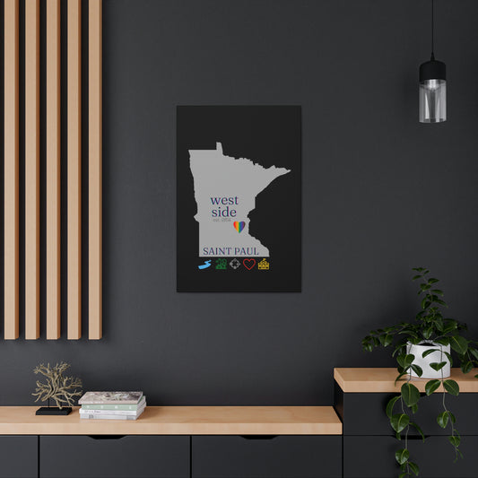 West side Saint Paul Minnesota Hometown Home featuring rainbow heart, canvas wall art black background