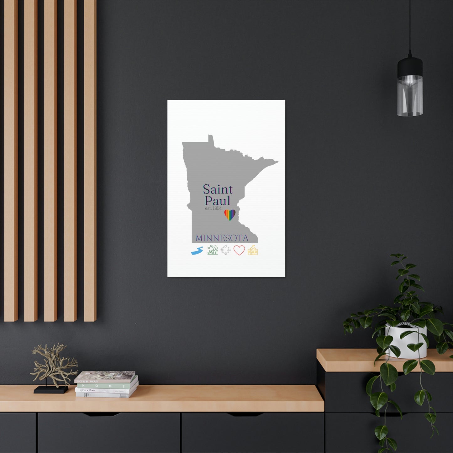 Saint Paul Minnesota Hometown Home featuring rainbow heart, canvas wall art with white background