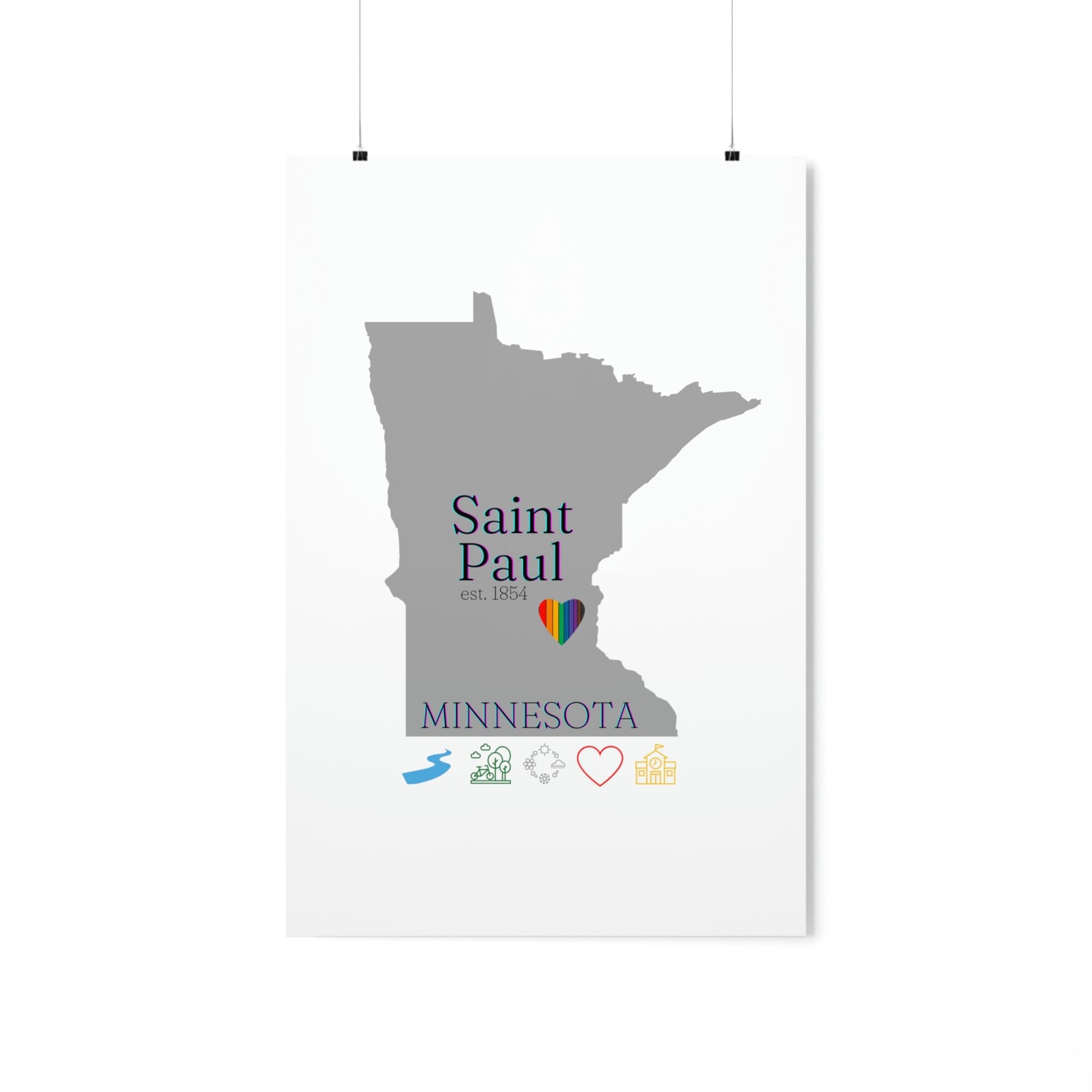 Saint Paul, Minnesota Est 1854 Mississippi River, Parks, Schools, Seasons and Love Poster 7 sizes available (White)